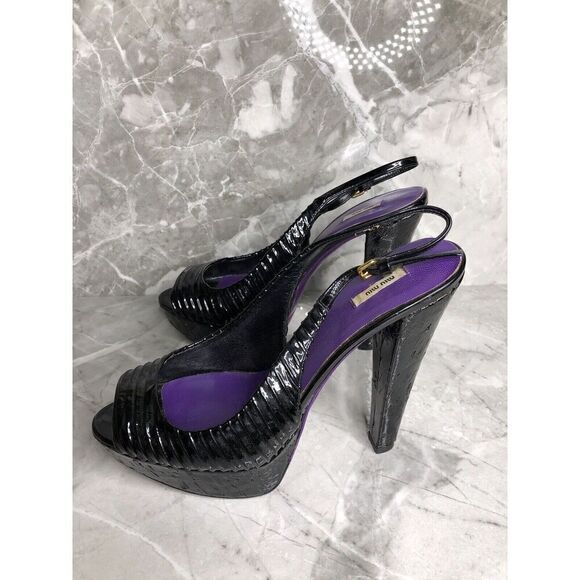 MIU MIU Black Patent Leather Peep Ankle Strap Platform Stiletto Heels Women 38.5 - Picture 16 of 16